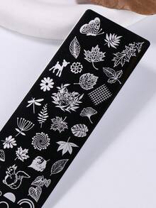 1片森林與秋葉美甲印花板，不鏽鋼印花套組含楓葉、鹿、蝴蝶與花卉圖案，自然靈感美甲藝術模板，美甲用品配件工具 - 銀色 - 查看 6