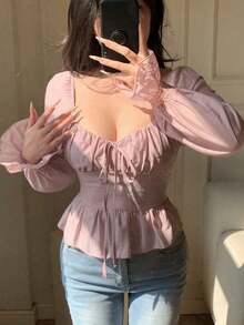 Camisa corta de mujer con cuello cuadrado, manga larga y bajo con volantes, ropa de vuelta al colegio, top de muñeca para el Día de San Valentín - Rosa - Ver 3