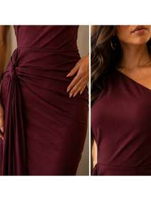 Women's Luxury One-Shoulder Draped Long Dress, Elegant, For Parties, Weddings, And Glamour. - Gỗ đỏ - Xem 2