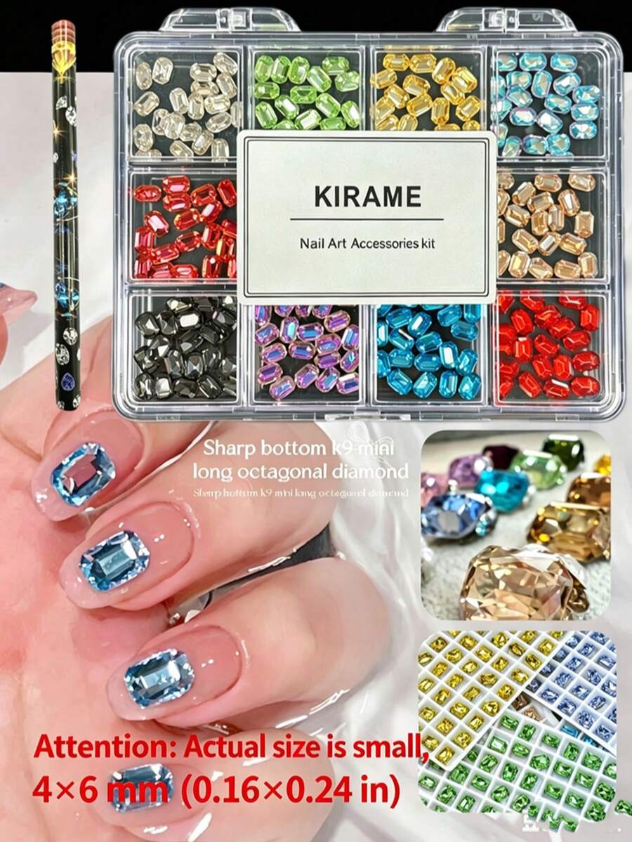KIRAME 240顆 4*6mm 長方形尖底 K9 超亮混色美甲水鑽套組，含1件點花工具，DIY居家美甲、美甲沙龍、美甲用品、美甲配件，聖誕、夏季與旅行美甲，節日禮物