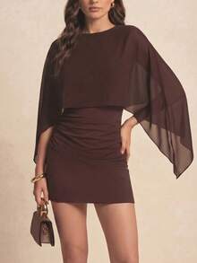 Vestido corto ligero 2 en 1 de color liso con mangas murciélago, ideal para citas nocturnas, vacaciones, fiestas de cumpleaños y uso diario. Elegante. - Café integral - Ver 3