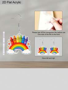 1 par de pendientes colgantes de acrílico con forma de nube, corazón y crayón arcoíris lindos para mujeres, pendientes de dibujos animados para volver a la escuela, regalo de agradecimiento para maestros, regalo para maestros - Multicolor - Ver 5