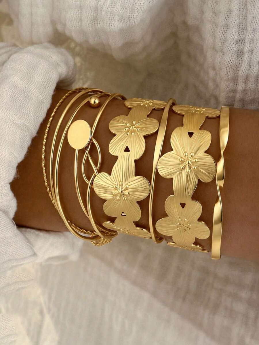 7pcs Fashion Vintage Elegant Old Money Style Floral Design Metallic Wide Cuff Adjustable Open Bangle Bracelet Set, Stackable Jewelry For Women, Suitable For Summer Beach, Vacation, Party, Music Festival, Date, Gift, Daily Commute - Yellow Gold - View 1