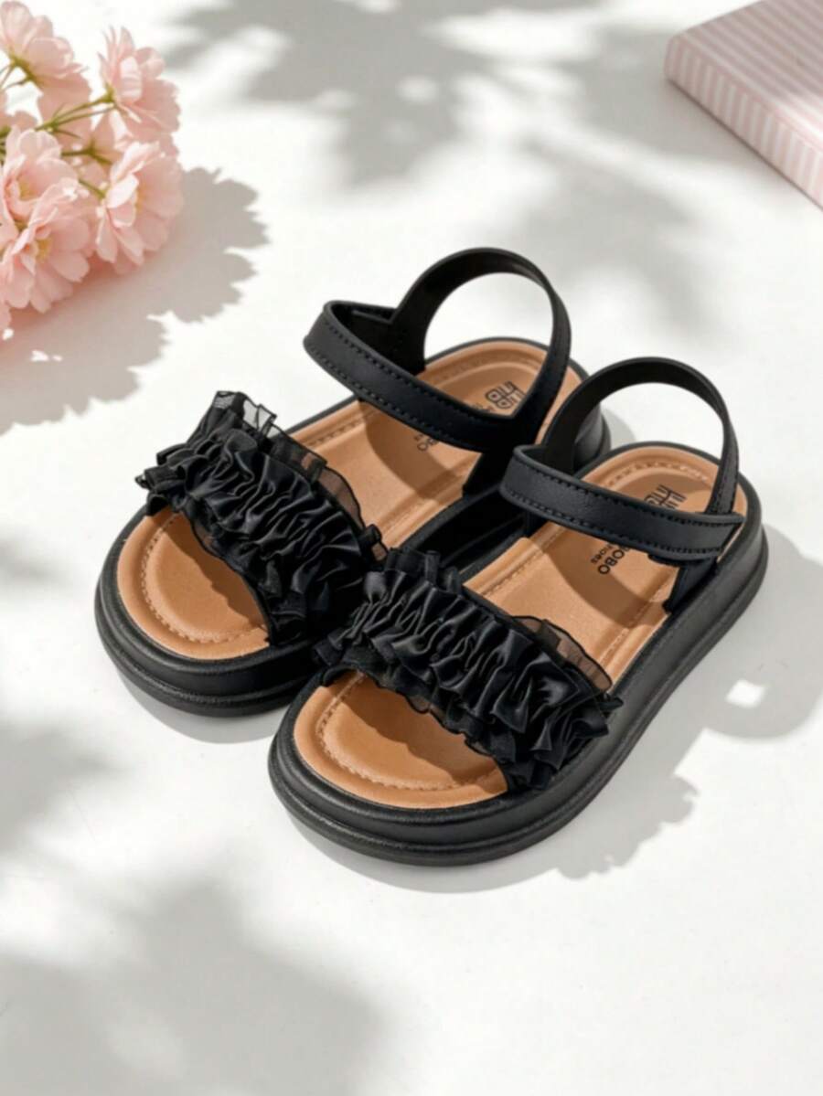 HAHABOBO 女童黑色網布荷葉邊厚底涼鞋,附後背帶,時尚夏季沙灘鞋 - 黑色 - 查看 1
