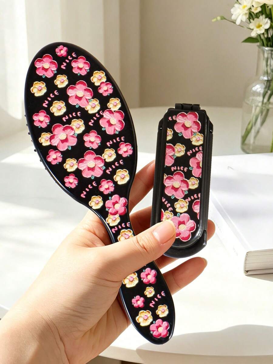 1/2pcs/Set Black Floral Print Air Cushion Comb Set, Home Use Volumizing ...