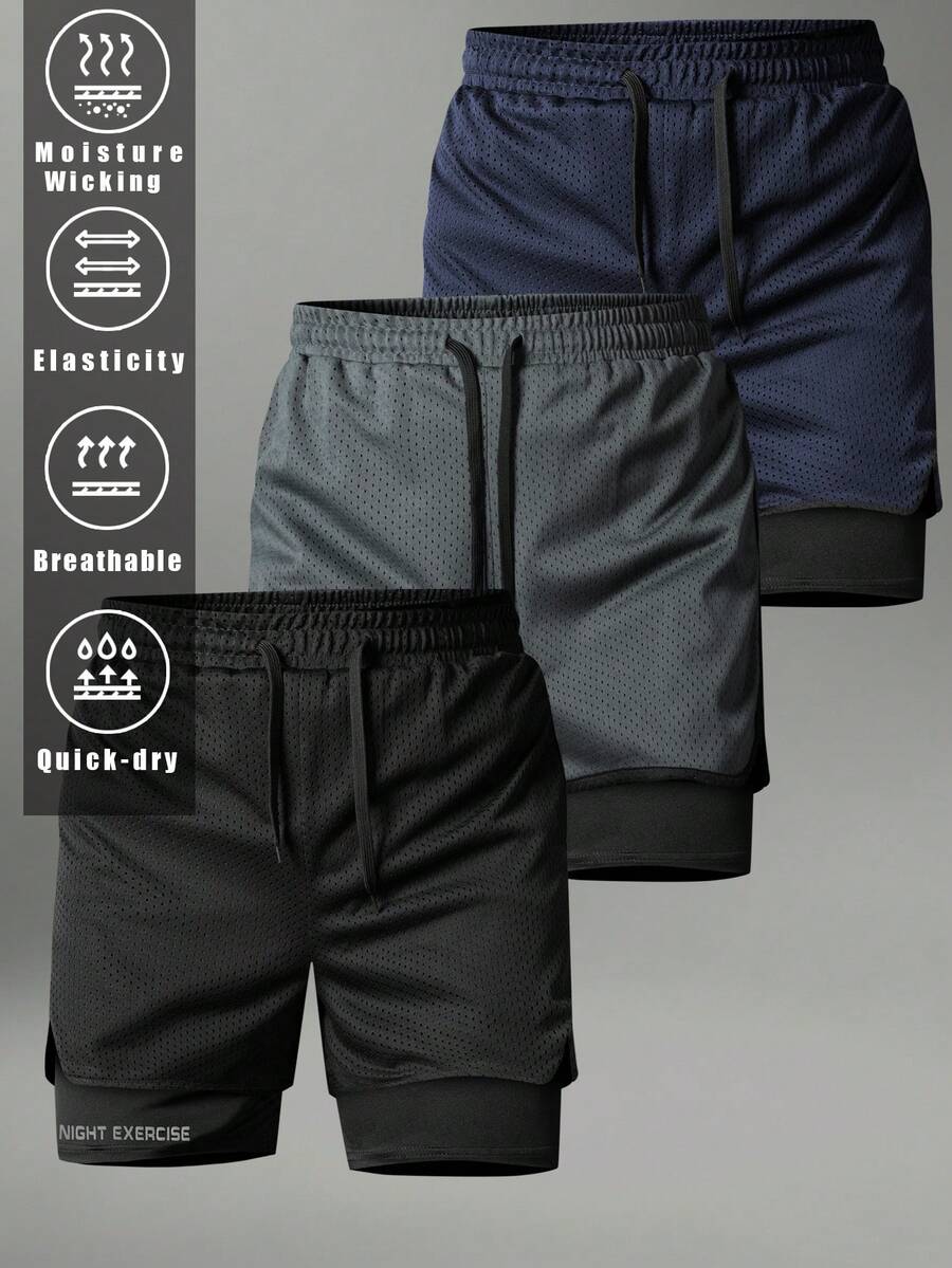 Men's Summer Sports Shorts, Built-In Underwear, 2-In-1 Reflective Letter Print, Drawstring Waist, Split Hem, Elastic, Suitable For Fitness, Workout, Running Training, Basketball - Black - View 1
