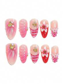 10Pcs Sweet Pink Gradient Press On Nails, 3D Lily Flower & Mermaid Shell Starfish French Pink Ombre False Nails, Summer Nails,Suitable For Daily Wear And Holiday Gifts - Multicolor - View 2