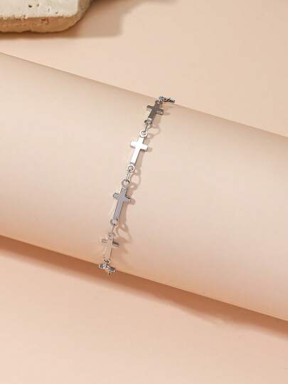 1pc Cool Cross Chain Bracelet, Stainless Steel Waterproof, Silver Tone, Teenagers Casual & Festival Accessory