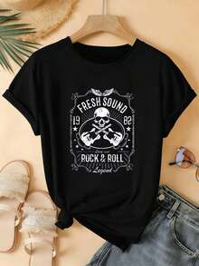 Rock Skull Graphic Women's T-Shirt Made Of High-Quality Material, Comfortable Fit, Casual, Breathable - Black - View 2