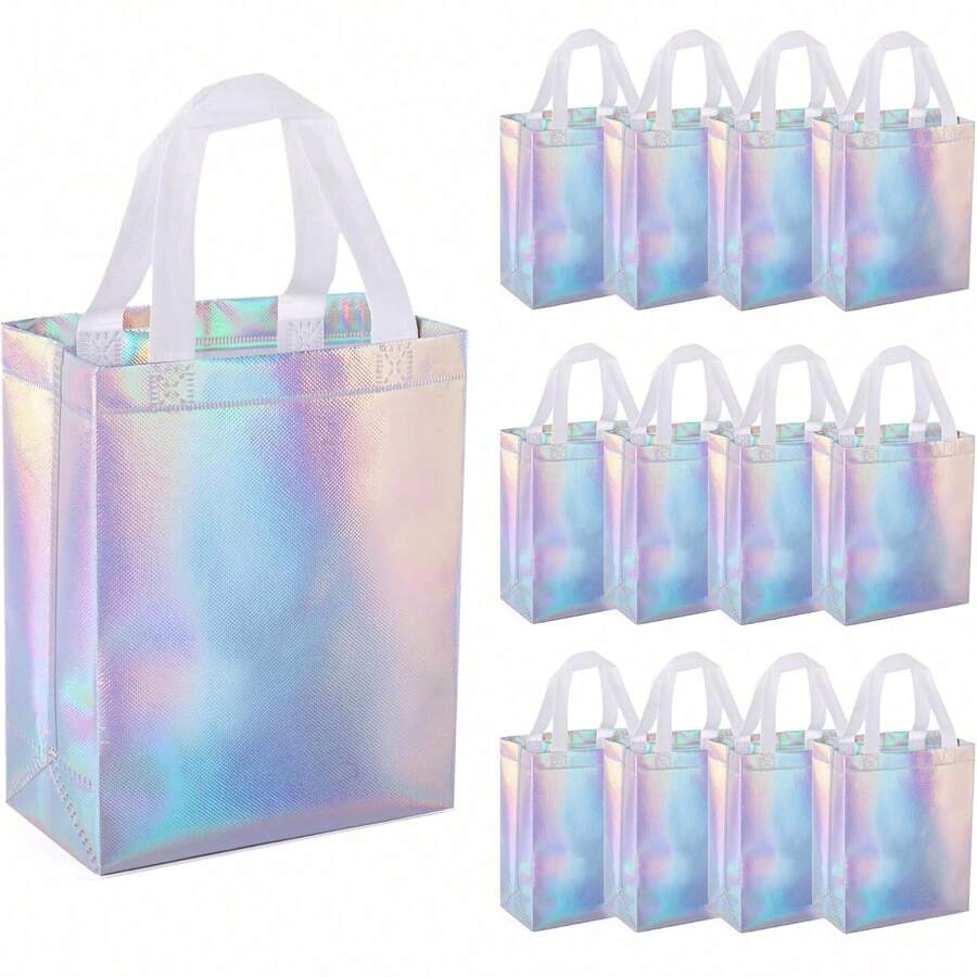 5 piezas Bolsas de regalo holográficas | Tamaño mediano | Material de tela no tejida | Reutilizables | Solución de regalos para eventos | Cumpleaños, fiesta, boda & Navidad | Diseño brillante arcoíris | Asa resistente - multicolor - Ver 1