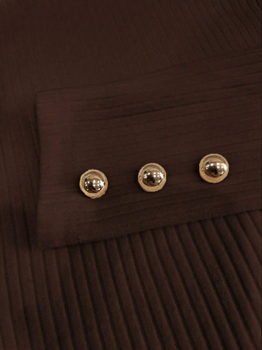 Elegante camiseta de punto de cuello redondo, top de punto minimalista de moda, otoño/invierno - Marrón 2 - Ver 1