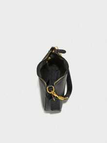Bolso de hombro de mujer de PU negro de moda, bolso de mano con forma de media luna con correa de hombro ajustable y asa superior, decorado con patrón de mantequilla negra - Negro - Ver 5