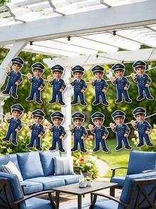 6/12/18pc Custom Photo Pilot Uniform Banner Garland, Personalized Boys Aviation Birthday Face Cutout Bunting, Blue Gold Airplane Themed Party Decor, Kids Birthday Photo Booth Prop,1st Birthday,Aviation Themed Baby Shower,Birthday Gift,Party Supplies - Multicolor - View 4