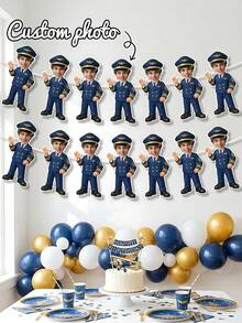 6/12/18pc Custom Photo Pilot Uniform Banner Garland, Personalized Boys Aviation Birthday Face Cutout Bunting, Blue Gold Airplane Themed Party Decor, Kids Birthday Photo Booth Prop,1st Birthday,Aviation Themed Baby Shower,Birthday Gift,Party Supplies - Multicolor - View 1