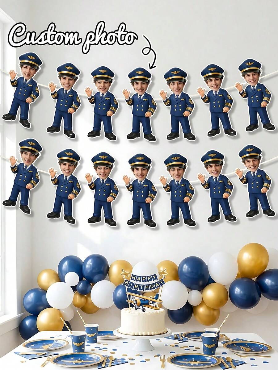 6/12/18pc Custom Photo Pilot Uniform Banner Garland, Personalized Boys Aviation Birthday Face Cutout Bunting, Blue Gold Airplane Themed Party Decor, Kids Birthday Photo Booth Prop,1st Birthday,Aviation Themed Baby Shower,Birthday Gift,Party Supplies - Multicolor - View 1
