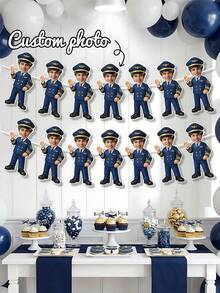 6/12/18pc Custom Photo Pilot Uniform Banner Garland, Personalized Boys Aviation Birthday Face Cutout Bunting, Blue Gold Airplane Themed Party Decor, Kids Birthday Photo Booth Prop,1st Birthday,Aviation Themed Baby Shower,Birthday Gift,Party Supplies - Multicolor - View 2