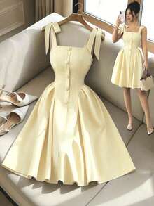 Nuevo vestido corto elegante y versátil para mujeres con tirantes de hombro anudados, textura de tejido de dos tonos y ajuste ceñido para uso diario - amarillo ganso - Ver 13