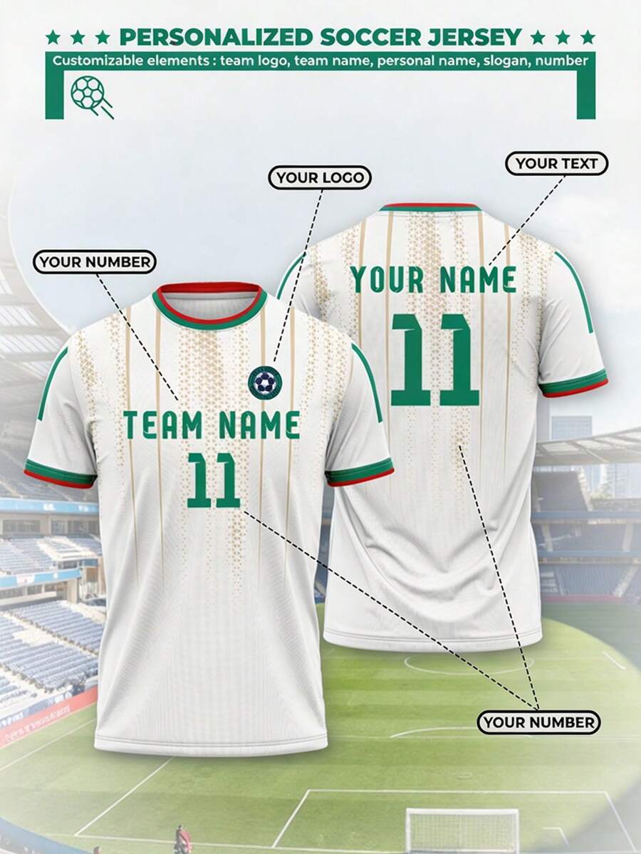 1 pieza Camiseta de fútbol deportiva personalizada estilo argelino temporada 2026, colores blanco y verde impresos, verano - Blanco - Ver 1