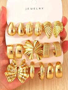 European And American Ins Style Heavy Gold Stud Earring Set, Asymmetrical Curved Texture Vintage Elegant Earrings - Gold - View 7