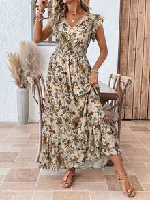 LUNE Conjuntos de playa talla para mujer con estampado de leopardo, vestido casual de vacaciones largo para el 4 de julio, vestidos bohemios de verano, conjuntos de verano bohem - Beis - Ver 1
