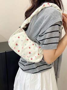 1 buah Tas Bahu Wanita Bahan Nilon Putih dengan Resleting Halus, Motif Cetak Stroberi, Tali Serut, Desain Modis, Serbaguna, Kasual, Musim Panas, Lintas Batas, Tas Bahu Niche Baru, Cocok untuk Penggunaan Sehari-hari Wanita - Putih - View 3