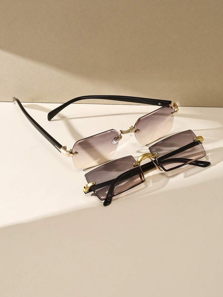 2 Peças Óculos de Sol Sem Armação para Mulheres, Óculos de Moda Retangular de Metal Retrô, Estilo Clássico, Decorativo para Uso Casual Diário em Viagens ao Ar Livre, Praia e Férias, Proteção Solar de Verão, Sombreamento, Direção, Óculos de Sol com Proteção UV para Homens - Multicolorido - Visão 1