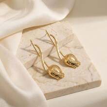 Twisted Bar Gold Tulip Bud Long Drop Earrings French Vintage Floral Dangle Earrings Elegant Face Slimming Metal Ear Jewelry For Women Daily Party - Gold - View 5