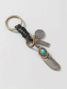 1pc Creative Turquoise Alloy Feather Pendant, Vintage Keychain, Bag Accessory, Small Gift - Black - View 4