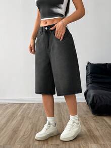 Women's Loose Fit Pocketed Wide Leg Knee Length Jeans Summer Casual Black - Black - View 4
