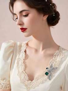 1pc Vintage Full Rhinestone Eagle Green Gemstone Brooch, Luxury Elegant Flying Bird Pin, Exquisite Accessory Gift For Women's Suit And Coat - Multicolor - View 3