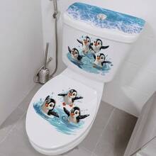 1pc 30*60cm Ocean Style Penguin Playing In Water Toilet Sticker, Waterproof Removable Bathroom Decor Sticker - Multicolor - View 4