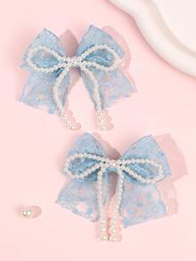 2pcs Blue Lace Bow Flower Hair Clips With Pearls, Alligator Clips, Elegant Fashion Hair Accessories For Girls, Teens, Party, Vacation, Gift - Blue - View 2