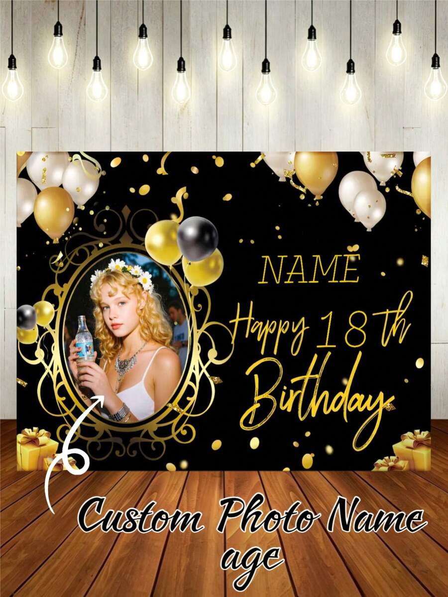 1pc Customizable Photo, Name, Year Black & Gold Balloon "Happy Birthday" Backdrop, Gold Gift Box, Personalized Design, Birthday, Bride, Gift Giving, Scene Decor, Vinyl Graphic Print Photography Prop,Party Top, Personalized Birthday - Multicolor - View 1