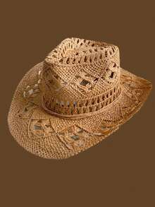 1 pezzo Cappello da sole estivo da donna decorato con zirconia, traforato e traspirante, cappello da cowboy occidentale unisex alla moda e personalizzato, molto venduto, adatto per vacanze al mare e protezione solare quotidiana - cappello a cilindro - Visualizzare 12