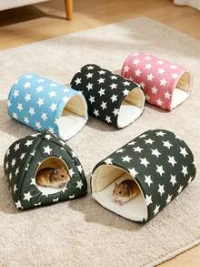 2 piezas Cama para hámster con patrón de estrellas negras, túnel para cobaya, escondite para conejo, nido cálido lavable para mascotas pequeñas con túnel para cobaya, set de accesorios para jaula de escondite para conejo, adecuado para hámsters, hurones, conejos - Negro - Ver 2