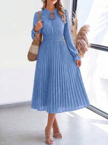 PRETTYGARDEN Women's Spring Fall Midi Dress Casual Long Sleeve V Neck Swiss Dot Pleated A Line Flowy Dresses New Years Party Valentine Vacation Dresses For Women - 淺藍色 - 查看 1