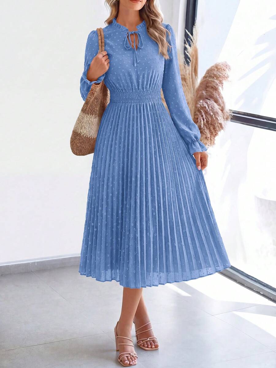 PRETTYGARDEN Women's Spring Fall Midi Dress Casual Long Sleeve V Neck Swiss Dot Pleated A Line Flowy Dresses New Years Party Valentine Vacation Dresses For Women - 淺藍色 - 查看 1