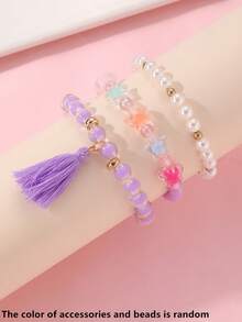 3pcs/Set Girls Cartoon Bow Colorful Beads Beaded Bracelet Set Combination Suitable For Daily Decoration - Multicolor - View 5