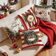 4 Stücke Set Vintage rote Weihnachtsmuster Kissenbezüge ohne Füllung, einseitig bedruckte Kissenbezüge, geeignet für Wohnzimmer, Schlafzimmer, Heimdekoration, ganzjährig verwendbar - Verschiedenfarbig - Übersicht 9