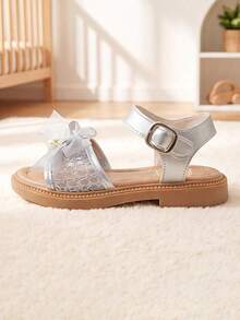 Hot Selling Style - 3-12 Years Old Girls Silver Sandals. Mesh Design With Double Bows And Rhinestone Pearls. Vintage Fairy Style. - Silver - View 3