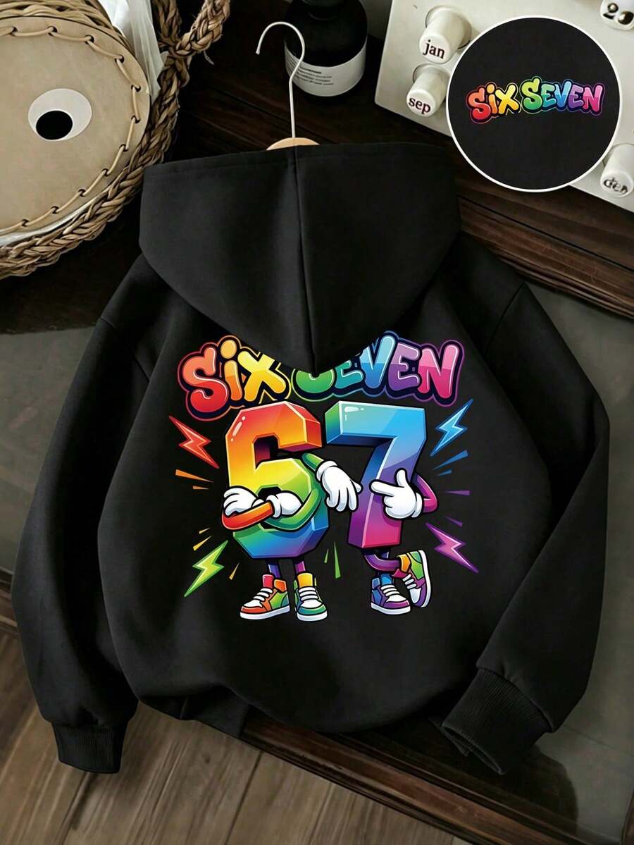 Young Boy Number Pattern Warm Hooded Sweatshirt - Black - View 1