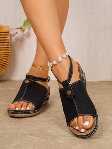 Plus Size Women's Fashionable Comfortable Lace-Up Wedge Sandals - Black - View 4