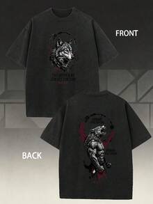 Made Of Washed Pure, Featuring A Loose Fit And Half Sleeves. It Showcases A  Double-Sided Print Of A Blue-Eyed Wolf Head And Key Design - Black - View 7