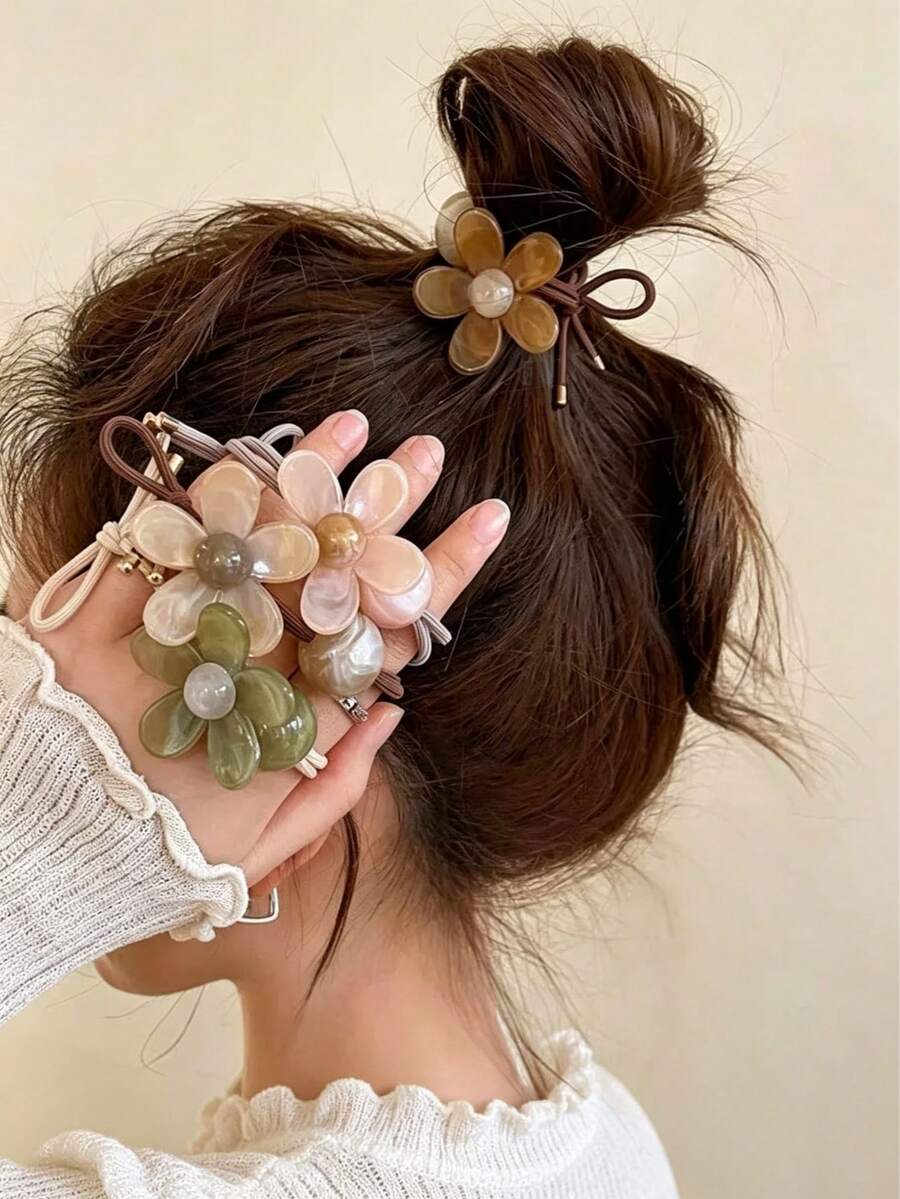 Cute & Stylish Minimalist Acrylic Flower Hair Tie, High Elasticity Thick Hair Band For Women, INS Style Jelly Color Floral Hair Scrunchie, Versatile Ponytail Hair Accessory For Girls