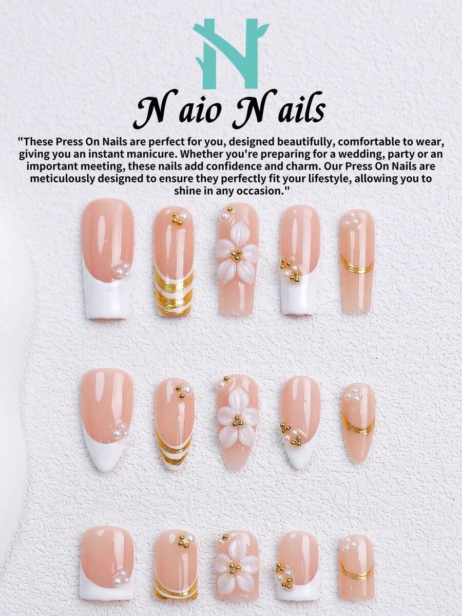 NAIO 10片/組手工穿戴式假指甲,3種尺寸:棺材型/杏仁型/短方型,Y2K優雅風,裸粉色法式美甲搭配3D花卉設計,金線與珍珠/金珠裝飾,適合女性與女孩,日常使用與派對,女士美甲禮物首選 - 彩色 - 查看 1
