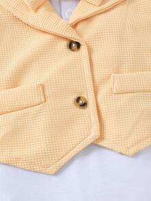 AfterClass 3-Piece Baby Boy Christening Outfit: Short Sleeve Collar Patchwork Waffle Romper + Shorts + Bow Tie, Adorable Christening Suit - Apricot - View 7