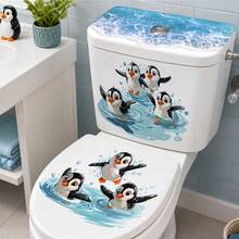 1pc 30*60cm Ocean Style Penguin Playing In Water Toilet Sticker, Waterproof Removable Bathroom Decor Sticker - Multicolor - View 8