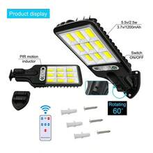 1pc ABS Plastic 108COB Solar Powered Street Light With Remote Control, Adjustable Mounting Bracket Solar Wall Lamp For Outdoor Garden Yard Patio Driveway Street Parking Lot Security Lighting Use - 黑色 - 查看 2