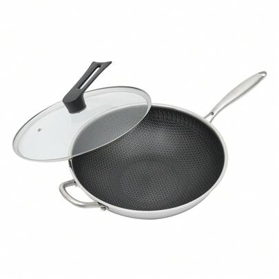 Stainless Steel Wok Pan With Lid, 13.4 Inch Honeycomb Hybrid Nonstick Stir Fry Pan, Tri-Ply Clad Skillet For Induction Electric Gas Stove