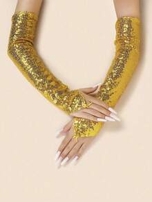 1 Pair Women's Summer New Fashion Stage Performance Sequin Reflective Long Fingerless Hooked Gloves Costume Performance Gloves - Multicolor - View 12